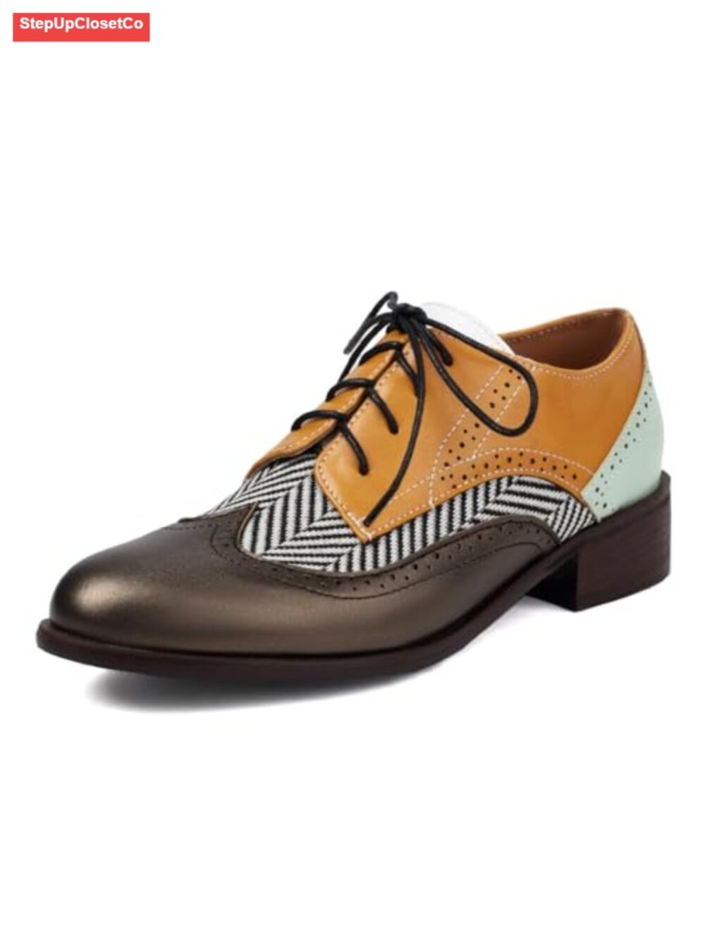 Two Tone Wingtip Brogue Oxford Shoes Leather Lace Up Low Heel Casual